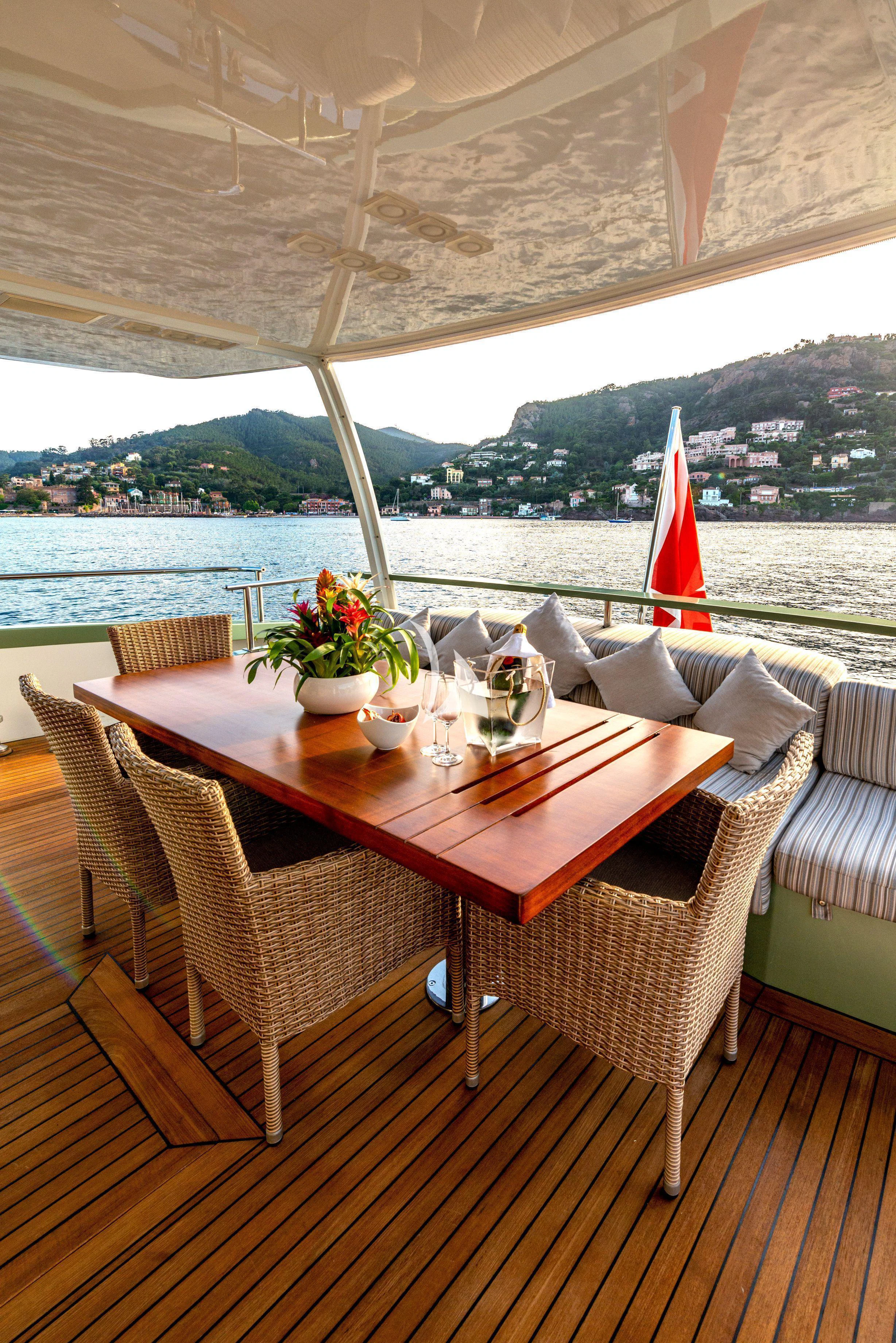 a table and chairs on a deck aboard MANATEA Yacht for Sale