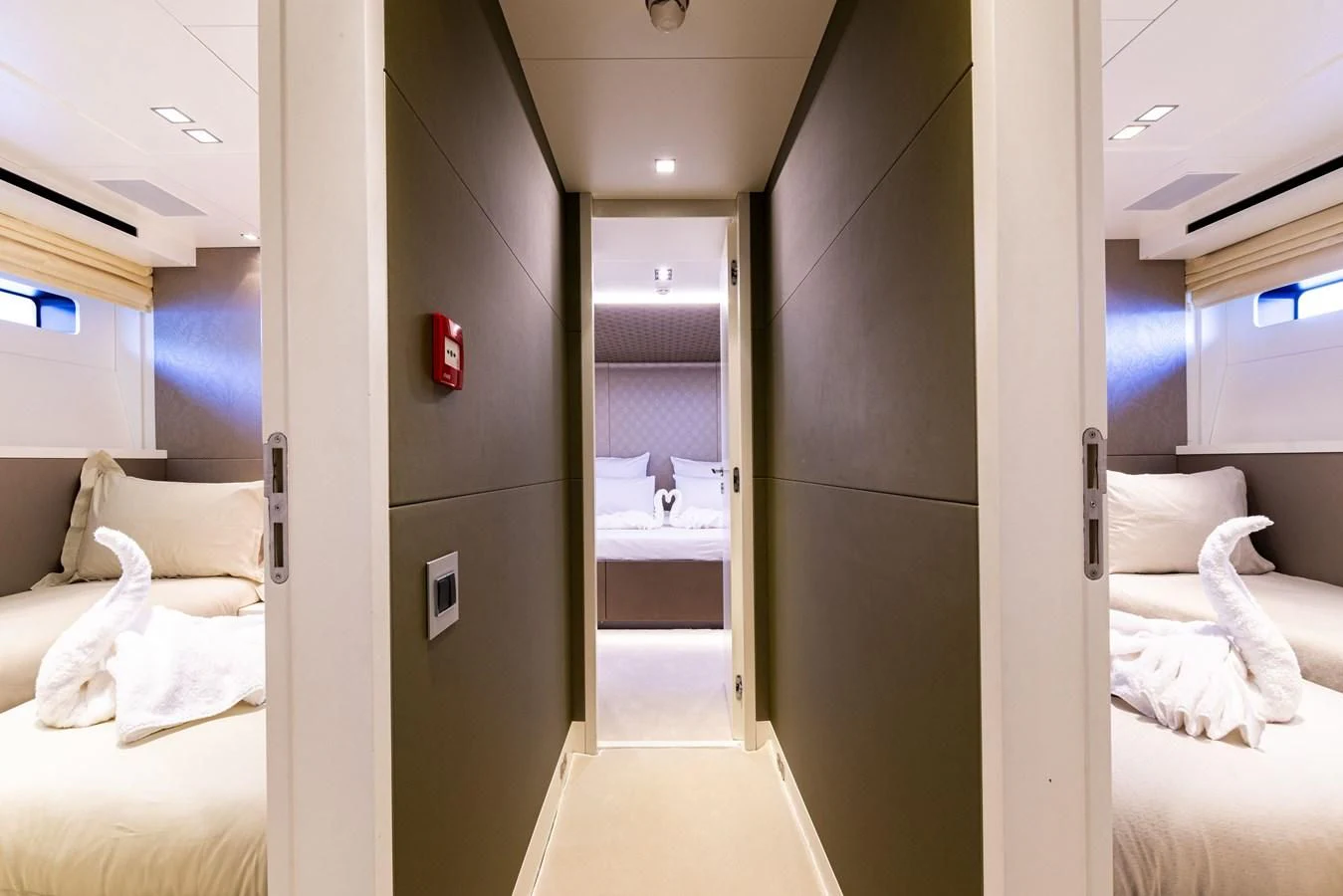 a room with a bed and a mirror aboard MANATEA Yacht for Sale