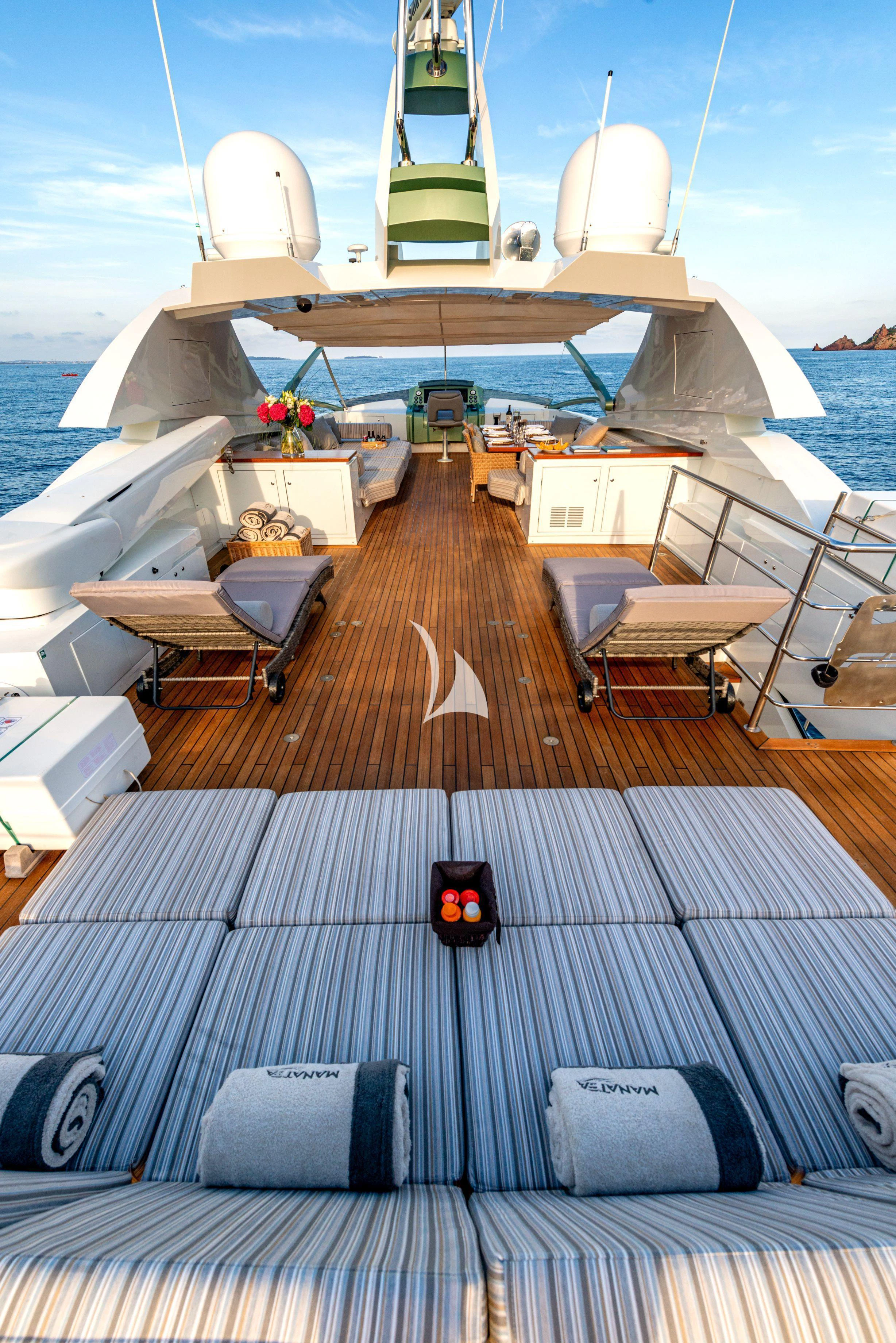 a deck with a boat and a large ship on it aboard MANATEA Yacht for Sale