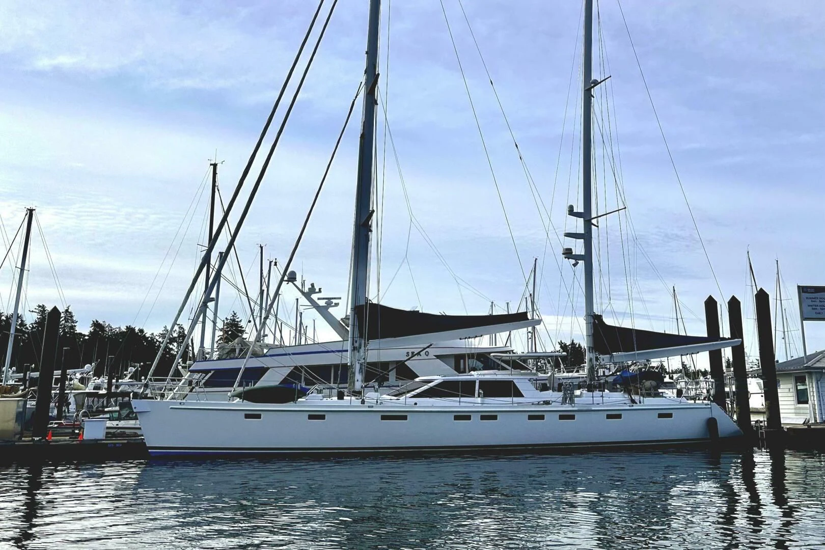 a boat docked at a pier aboard LEONORE Yacht for Sale