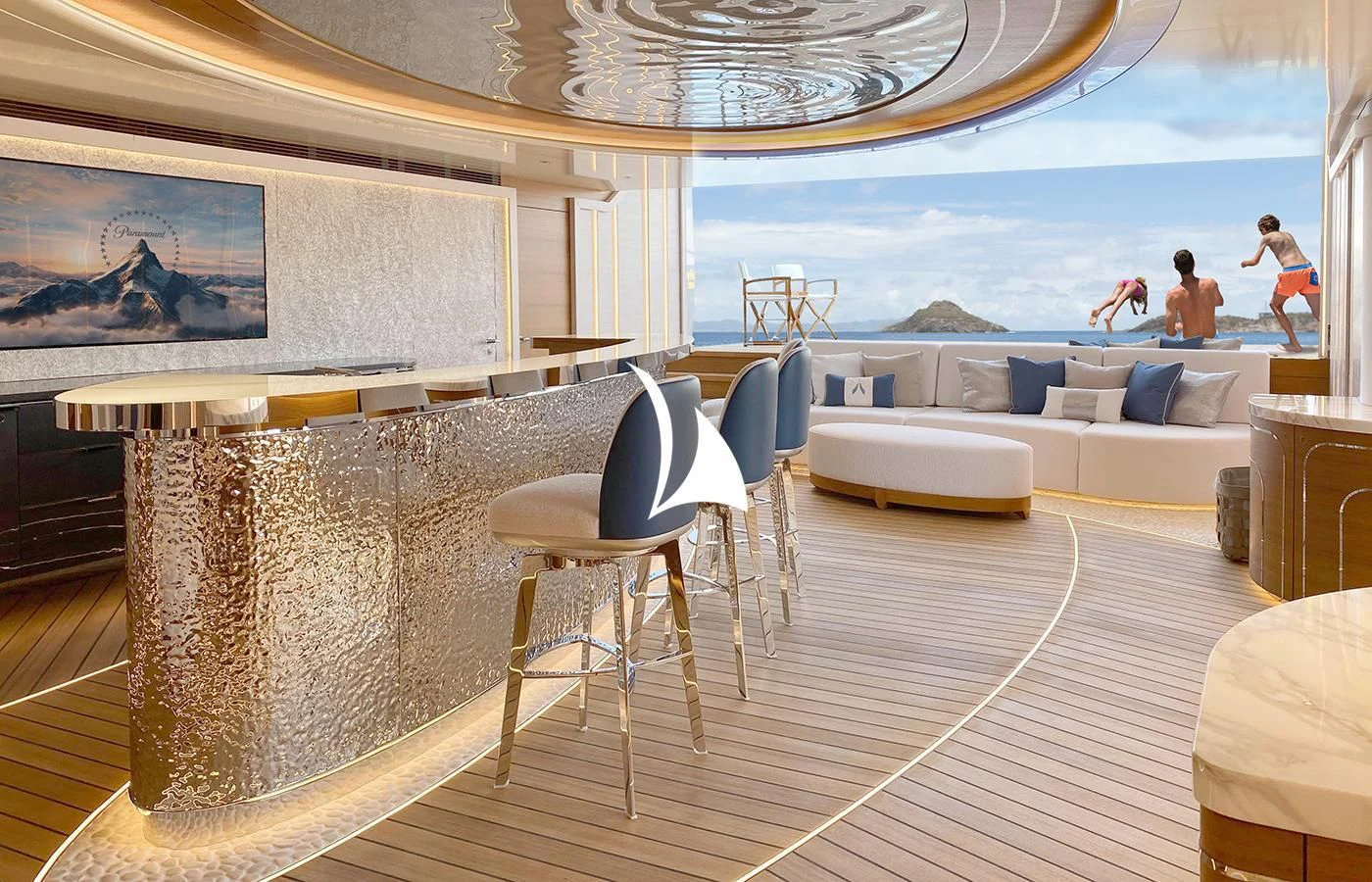 a room with a couch and a table and chairs aboard ARROW Yacht for Sale