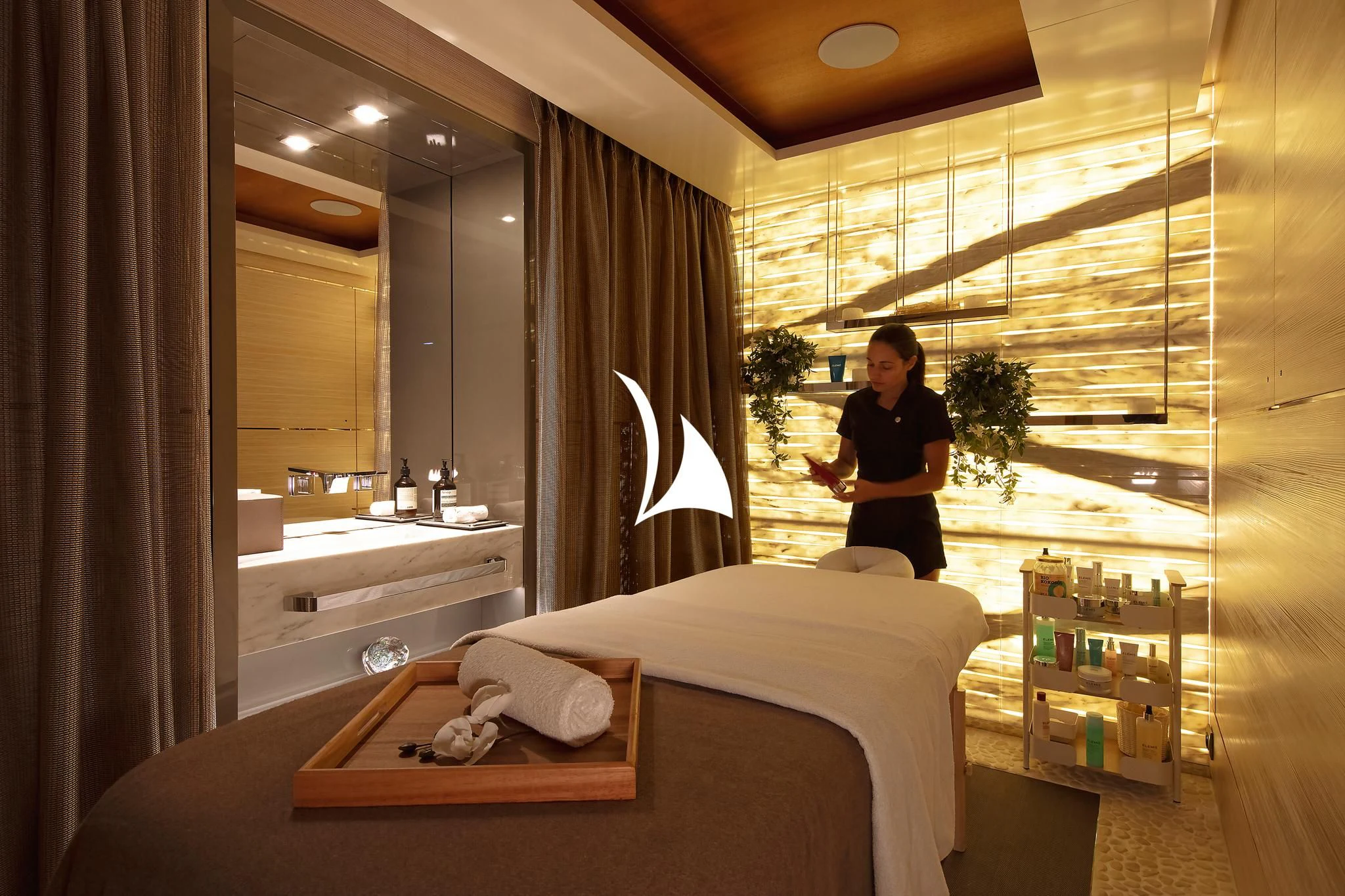 a person standing in a bathroom aboard ARROW Yacht for Sale