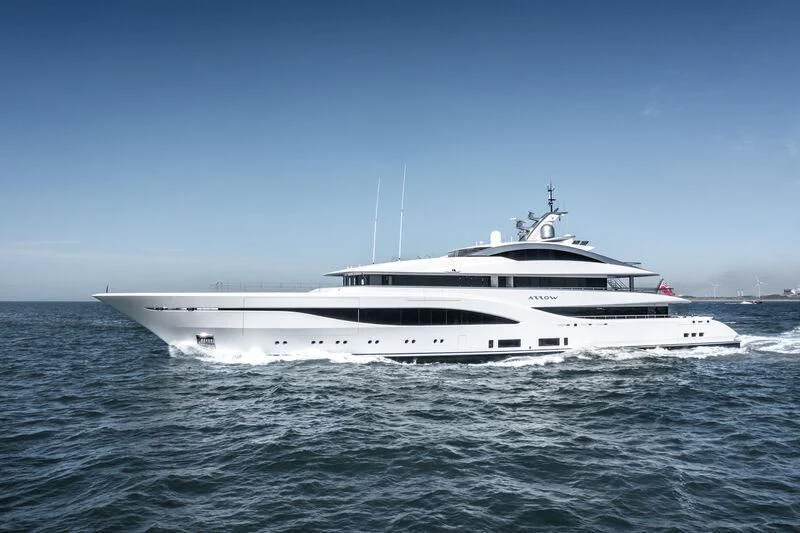 a white yacht on the water aboard ARROW Yacht for Sale