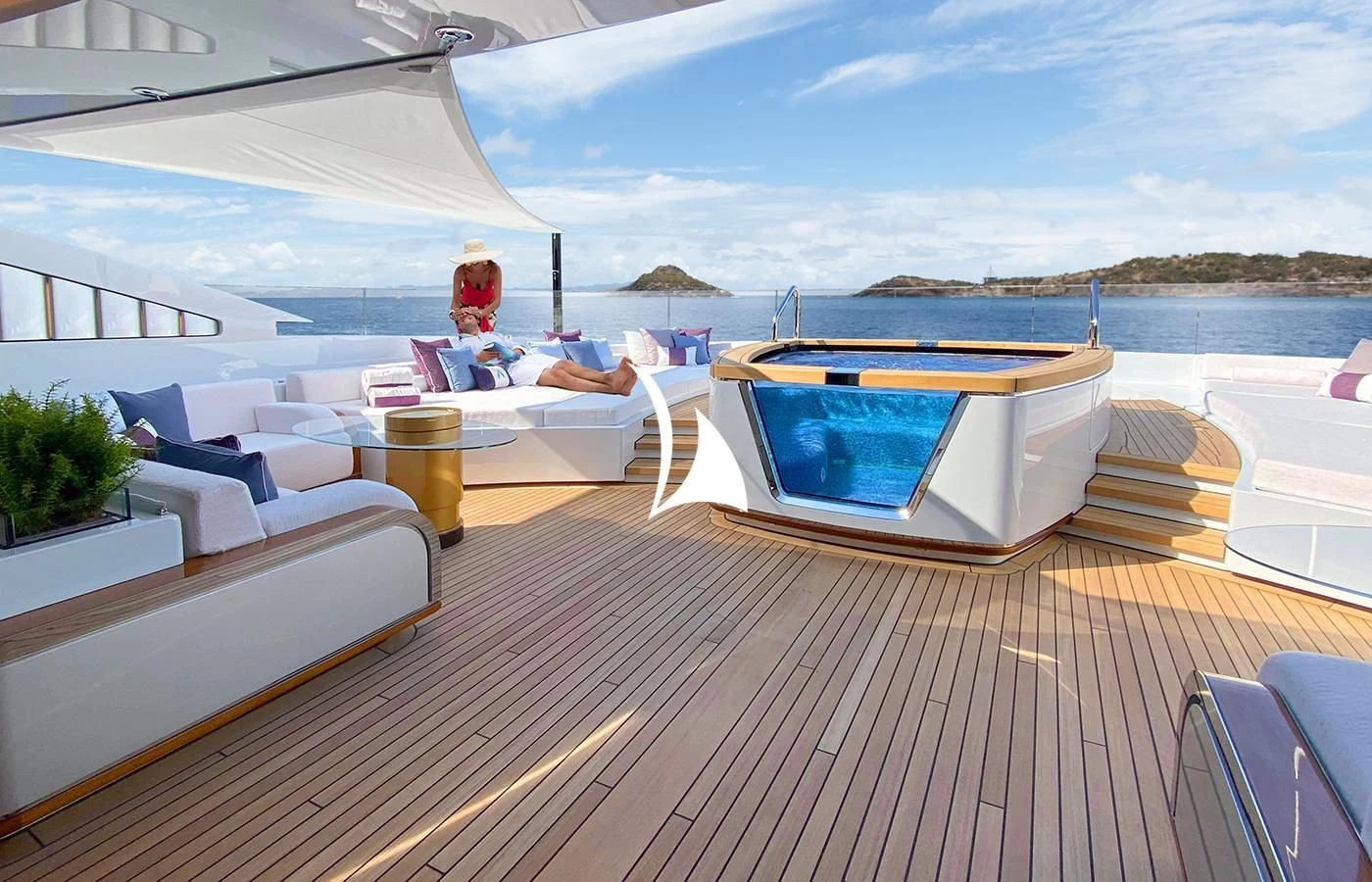 a deck with a pool and a view of the water aboard ARROW Yacht for Sale