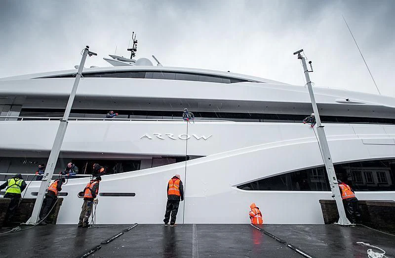 a group of people walking on a platform next to a white train aboard ARROW Yacht for Sale