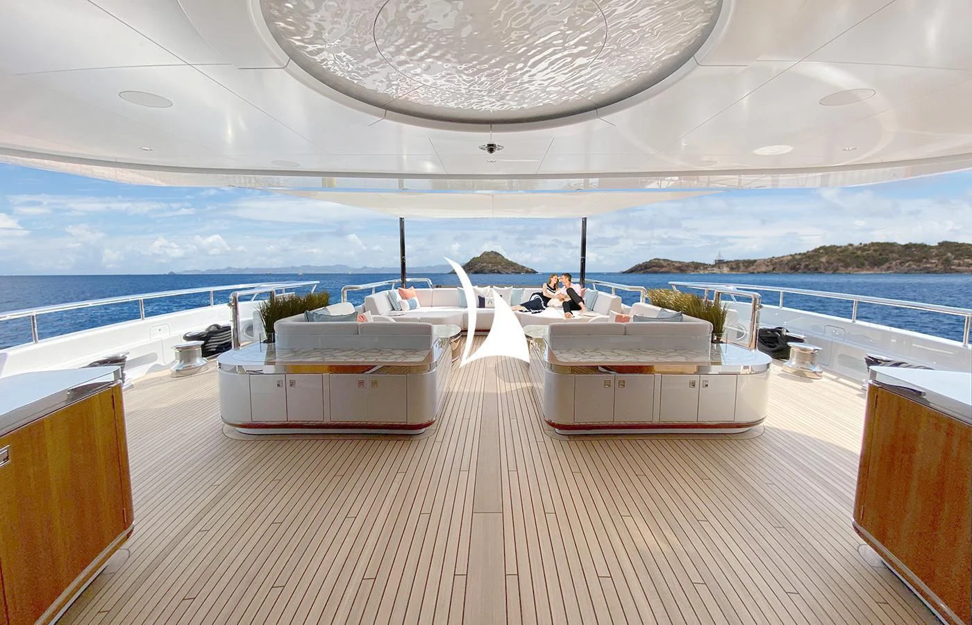 a deck with a view of the ocean and a large white dome aboard ARROW Yacht for Sale