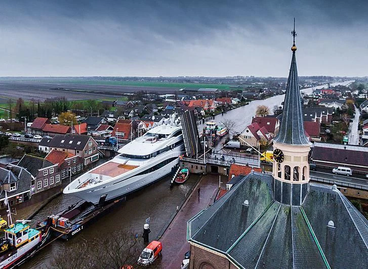 a tall tower in a city aboard ARROW Yacht for Sale