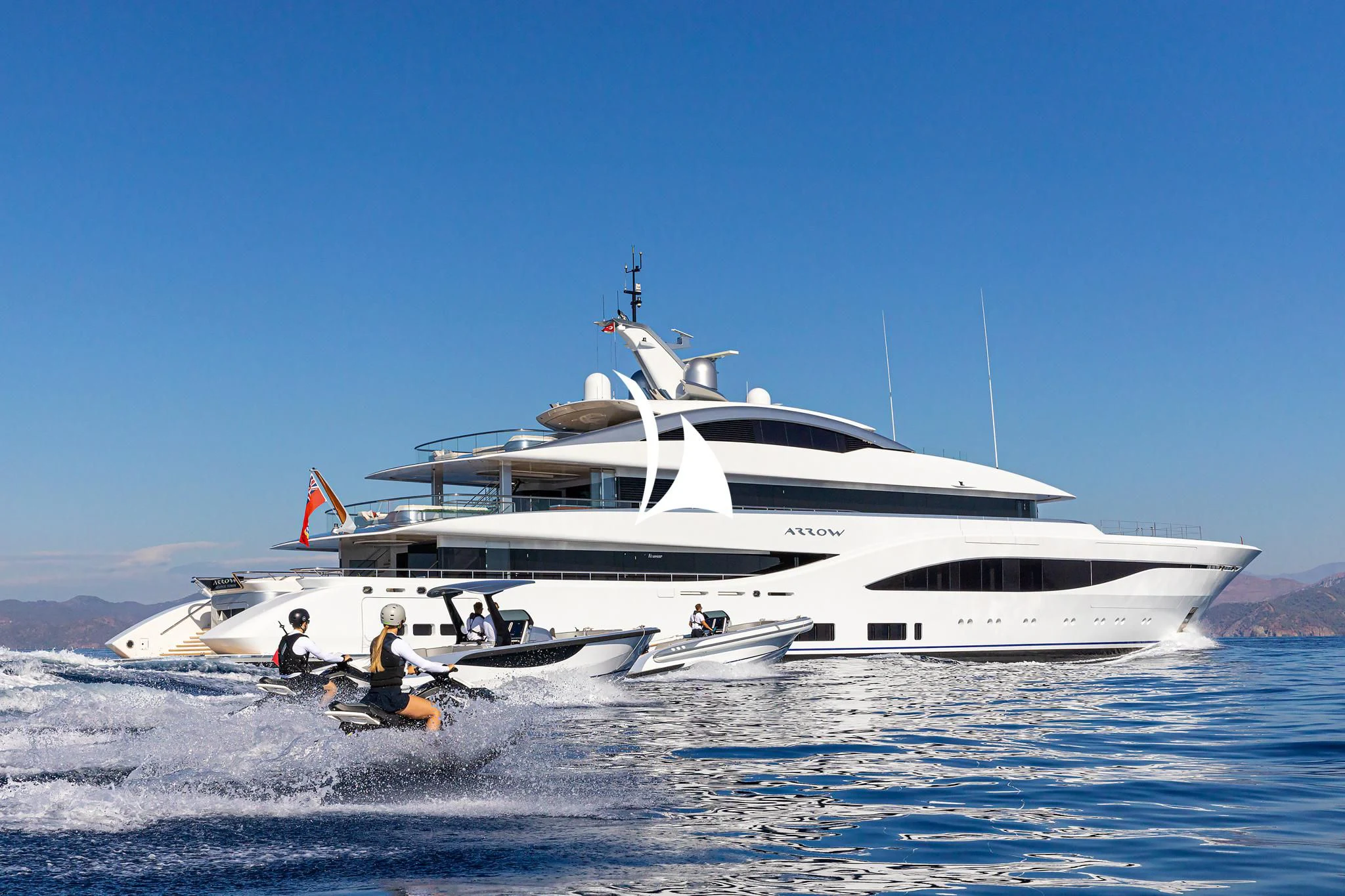 a white yacht in the water aboard ARROW Yacht for Sale