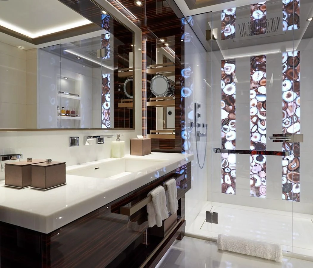 a bathroom with a large shower aboard ARROW Yacht for Sale