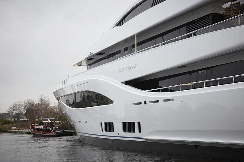 a boat docked at a pier aboard ARROW Yacht for Sale