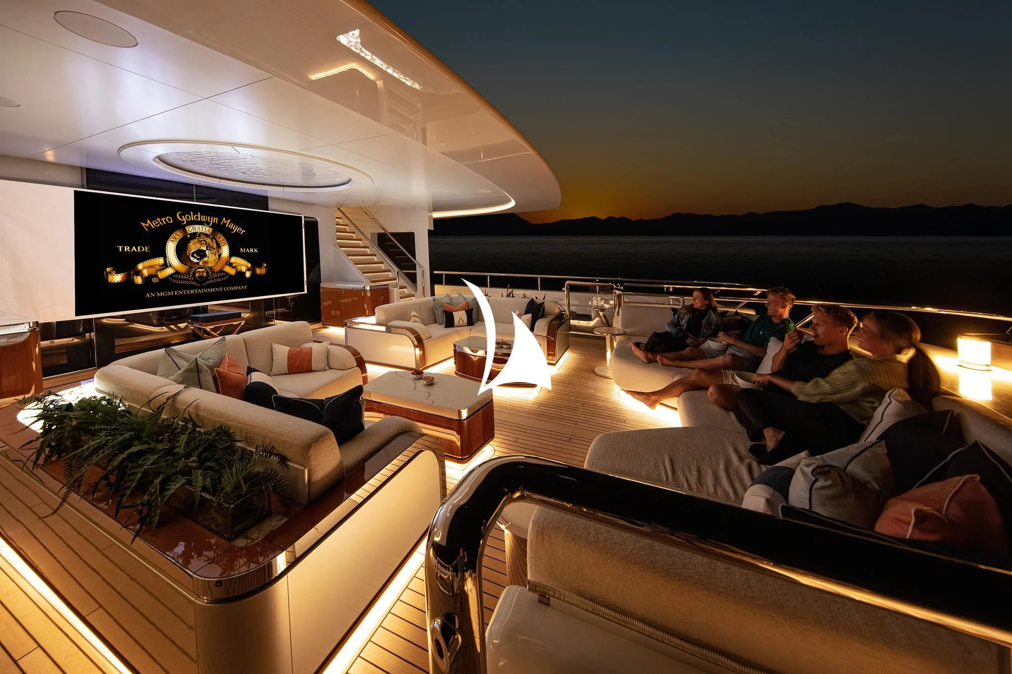 a group of people sitting in a room with a tv on the wall aboard ARROW Yacht for Sale