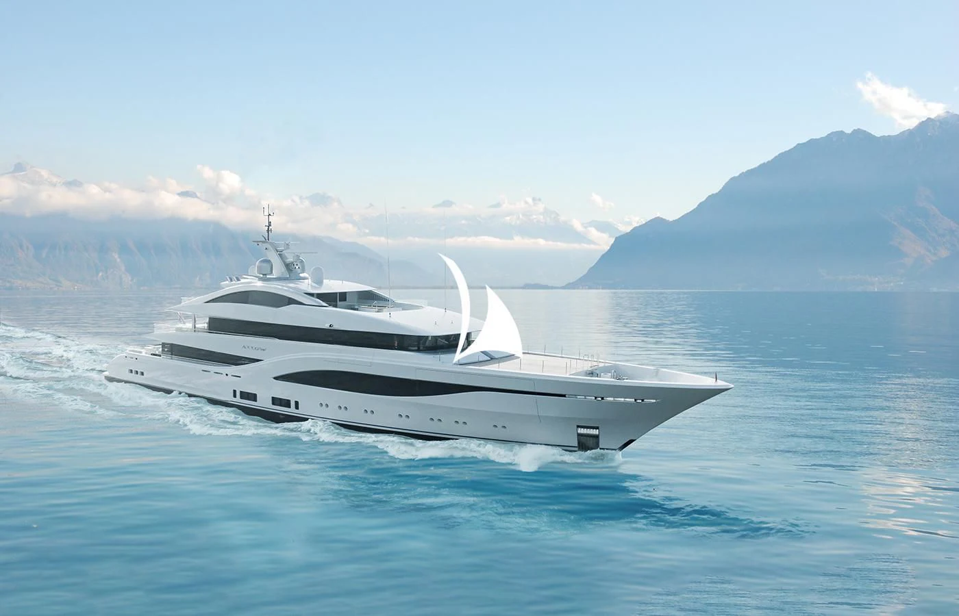 a white yacht in the water aboard ARROW Yacht for Sale