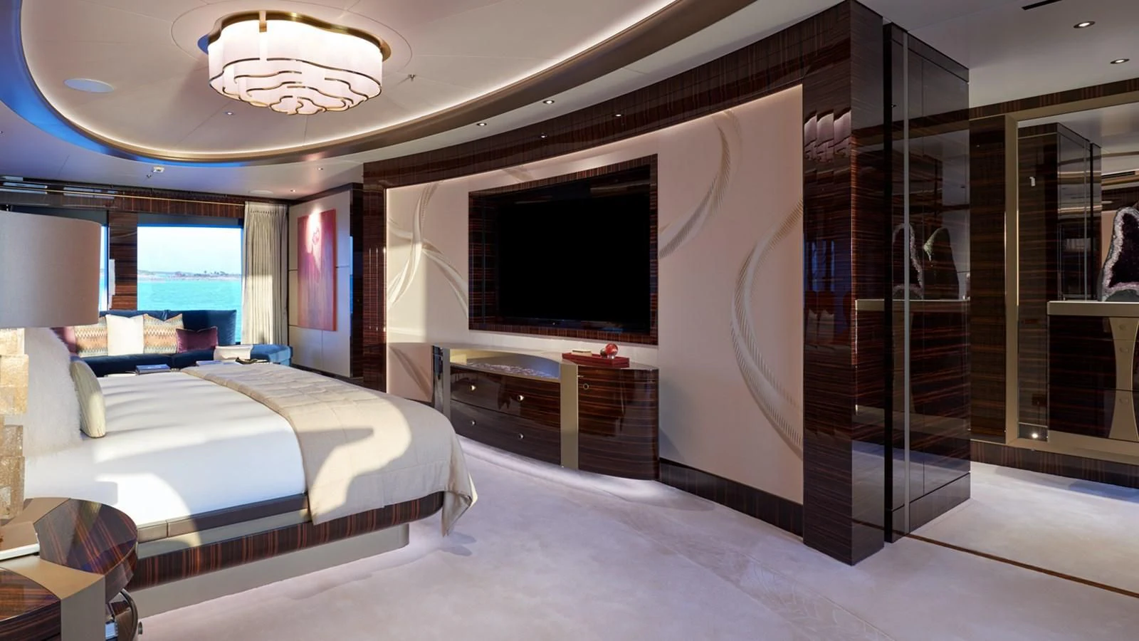 a room with a bed and a tv aboard ARROW Yacht for Sale