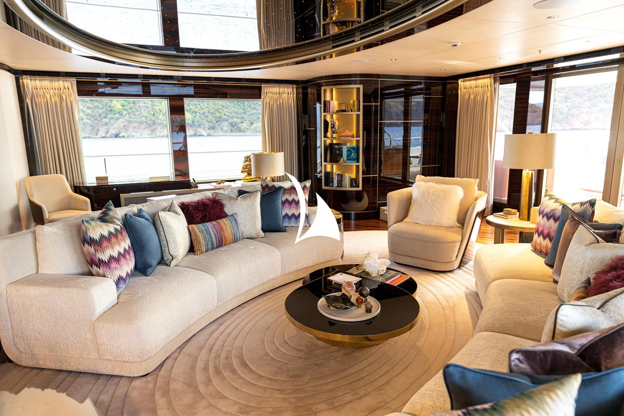 a living room with a large window aboard ARROW Yacht for Sale