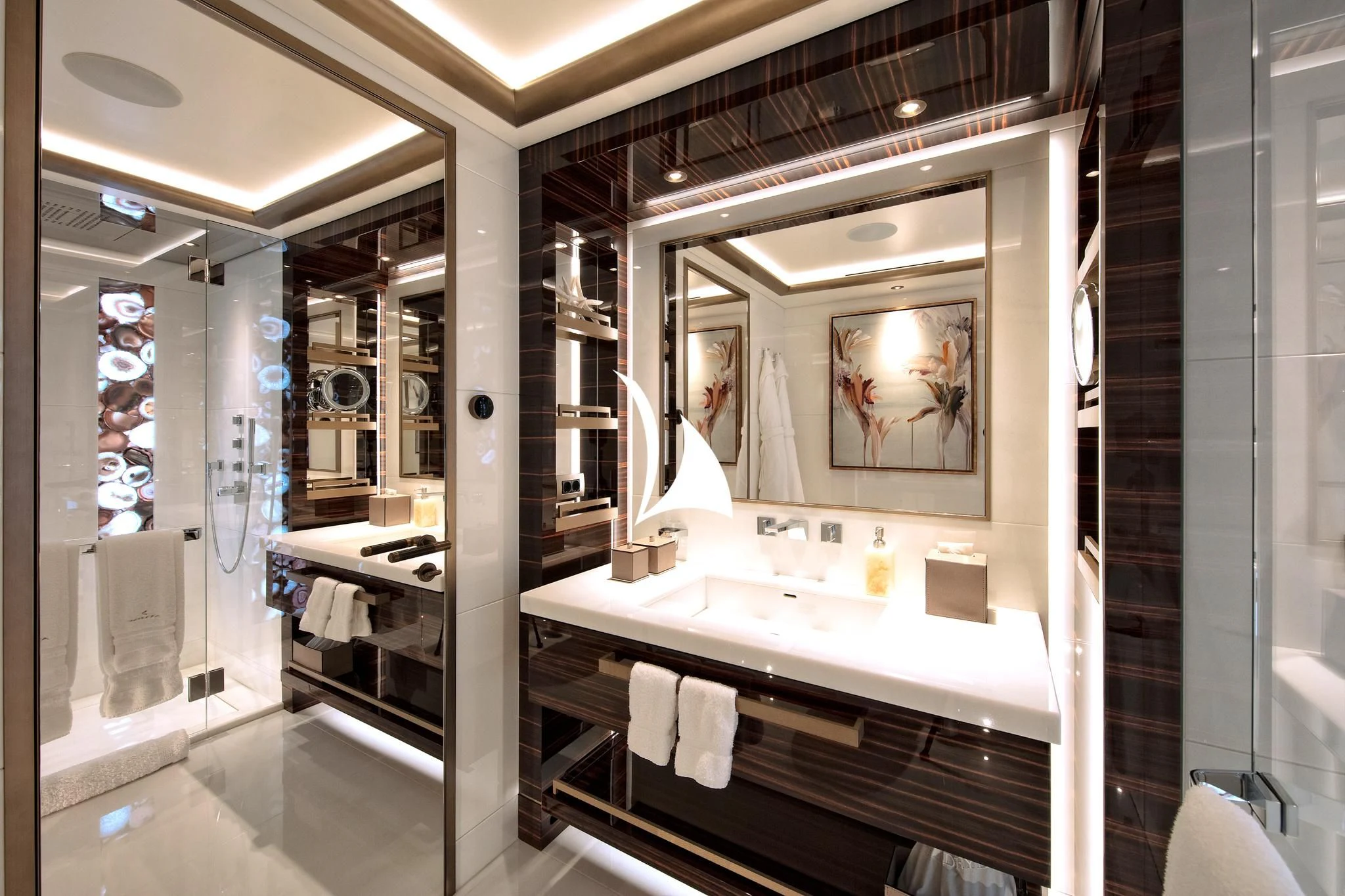 a bathroom with a large mirror aboard ARROW Yacht for Sale