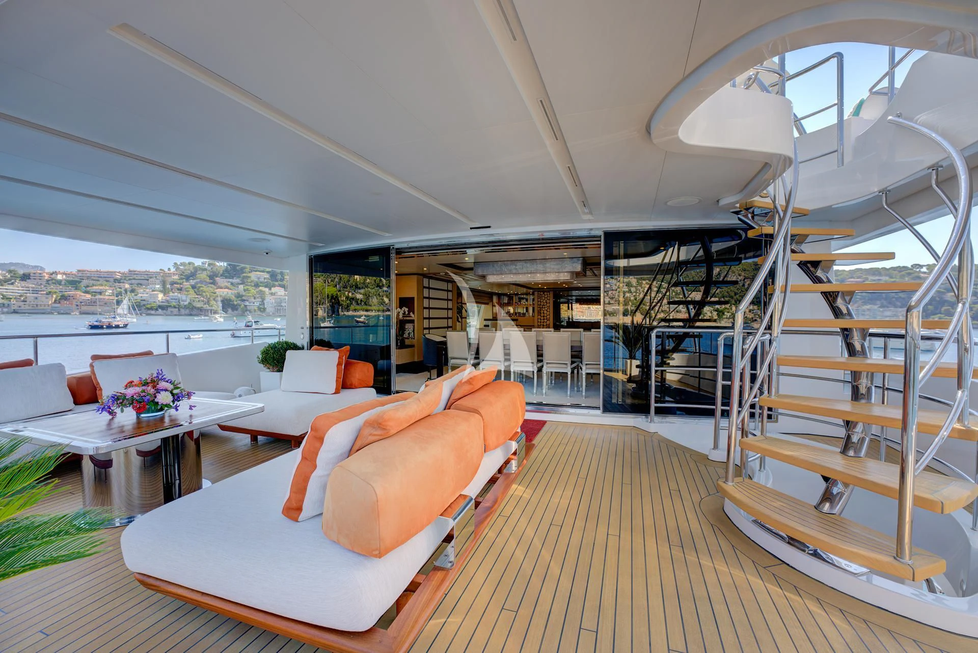 a modern looking living room aboard NELA Yacht for Charter