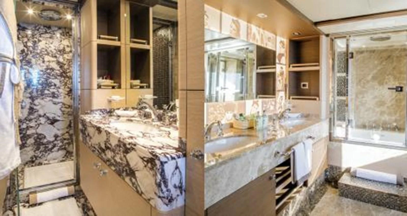 a bathroom with a large marble counter aboard NELA Yacht for Charter