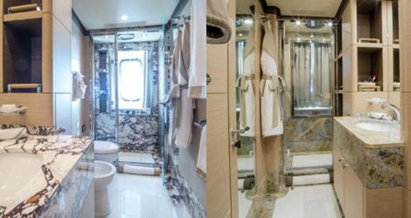 a bathroom with a glass shower aboard NELA Yacht for Charter
