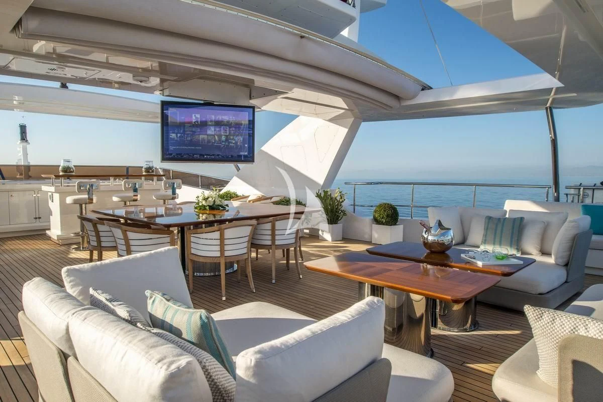 a living room with a large screen aboard NELA Yacht for Charter