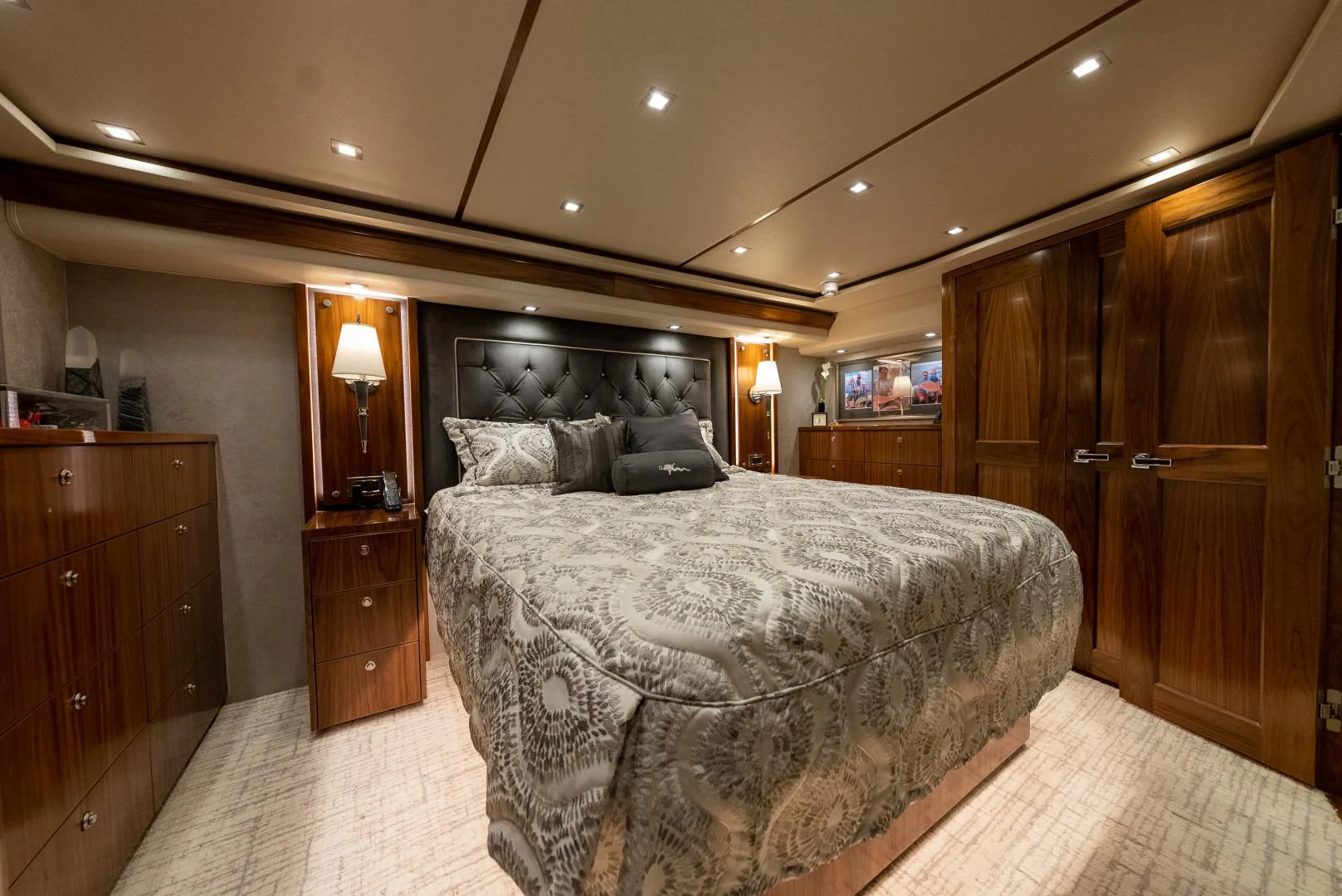 a large bedroom with a large bed aboard IT JUST TAKES TIME Yacht for Sale