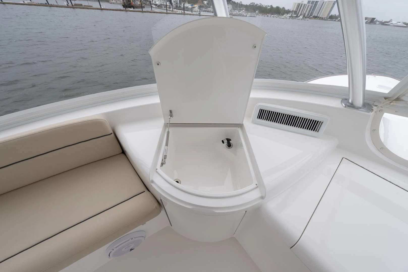 a white boat on a white surface aboard IT JUST TAKES TIME Yacht for Sale