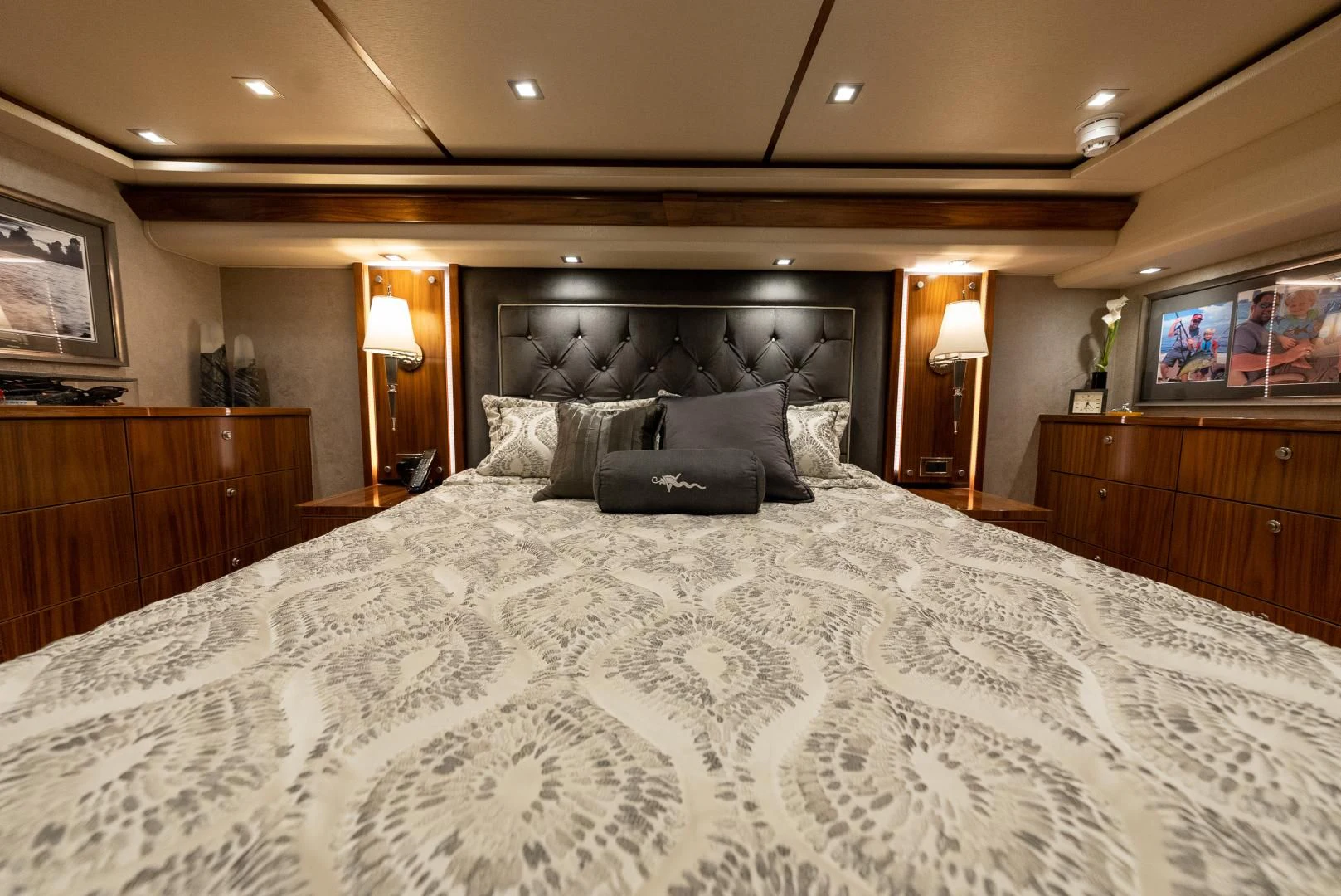 a bed with pillows aboard IT JUST TAKES TIME Yacht for Sale