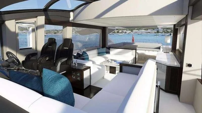 inside of a vehicle with a view of the water and the deck aboard STRATEGIC DREAMS Yacht for Sale