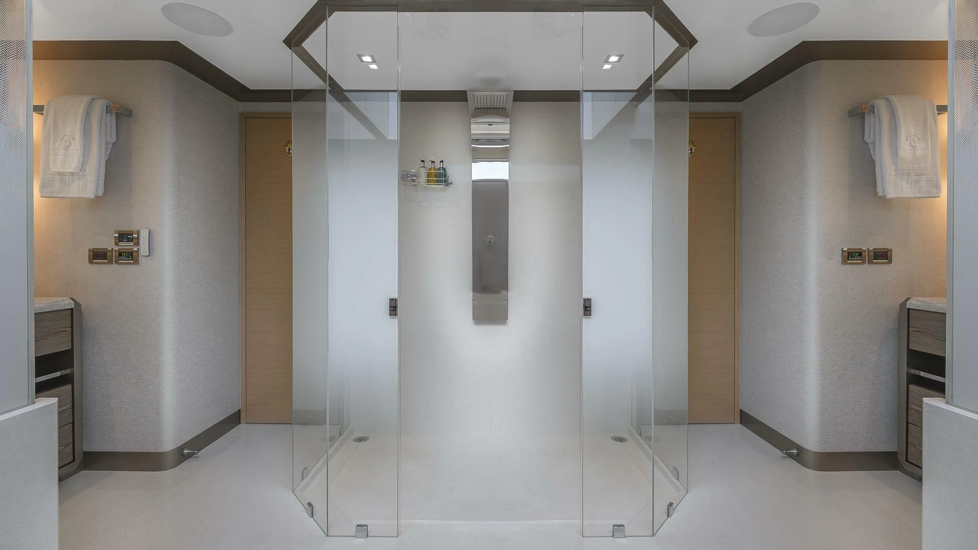 a large bathroom with a large shower unit aboard ENTREPRENEUR Yacht for Charter