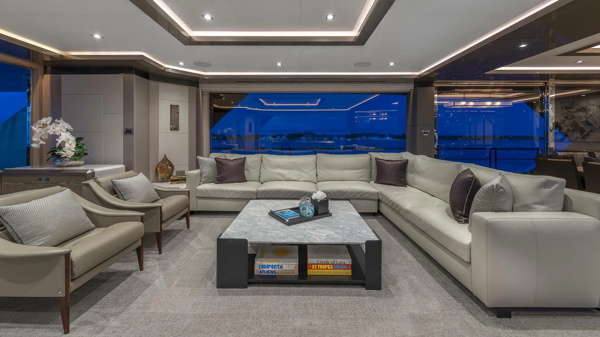a living room with a couch and a table aboard ENTREPRENEUR Yacht for Charter