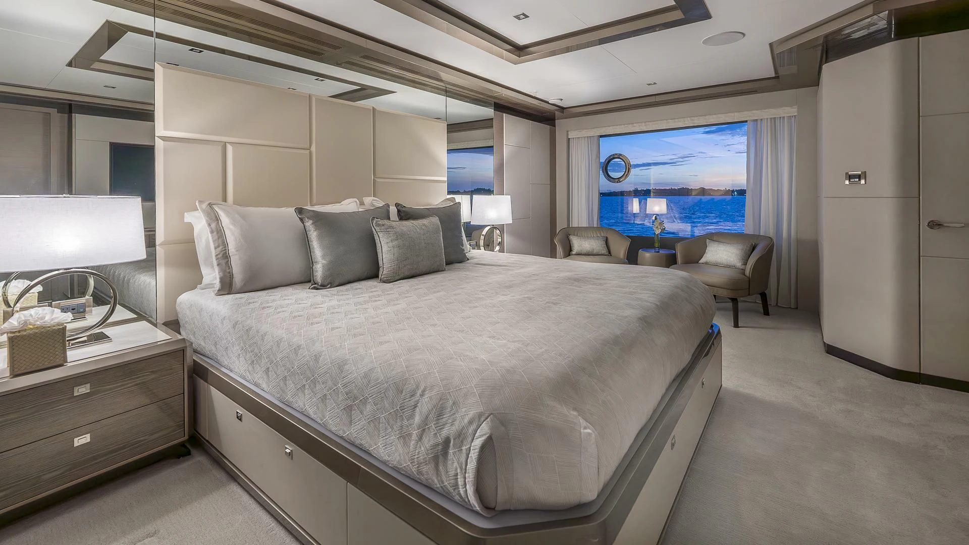 a bed in a room aboard ENTREPRENEUR Yacht for Charter