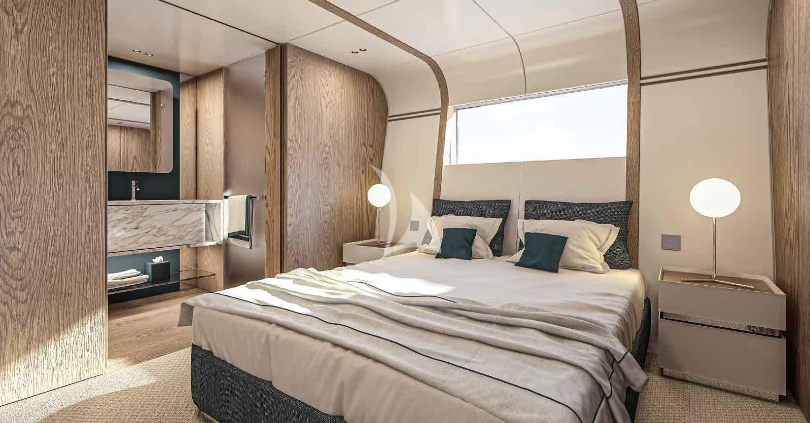 a bedroom with a bed and a wood wall aboard HAYAT Yacht for Sale