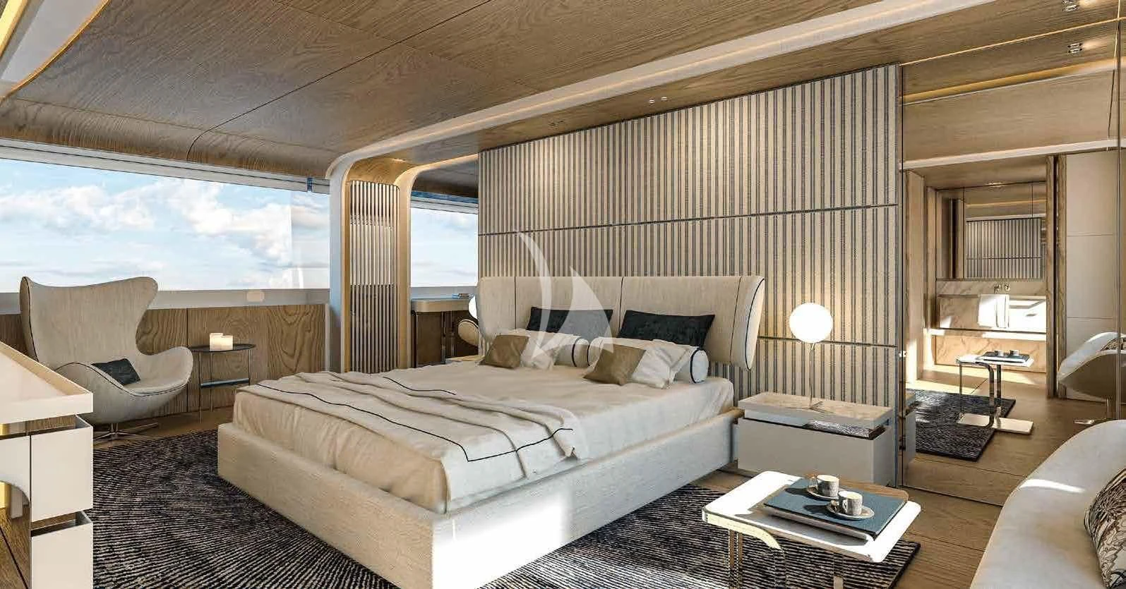 a large bedroom with a large bed aboard HAYAT Yacht for Sale