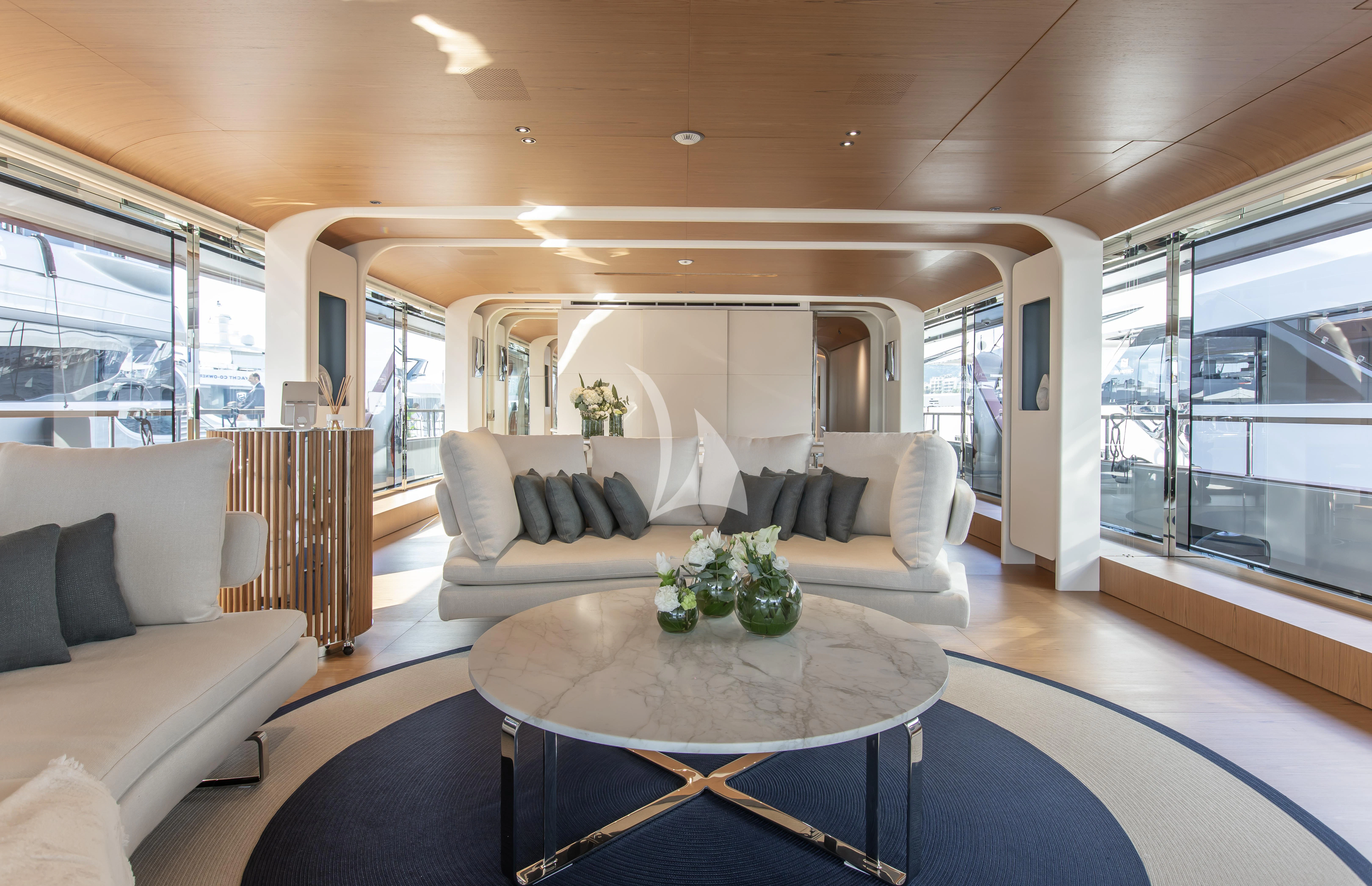 a living room with a large window aboard HAYAT Yacht for Sale
