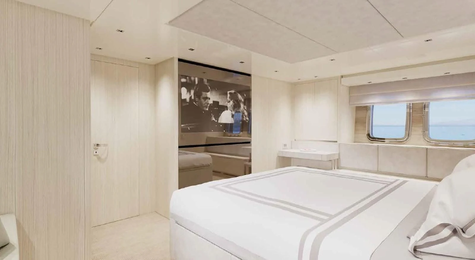 a room with a bed and a mirror aboard ESSENZA Yacht for Sale
