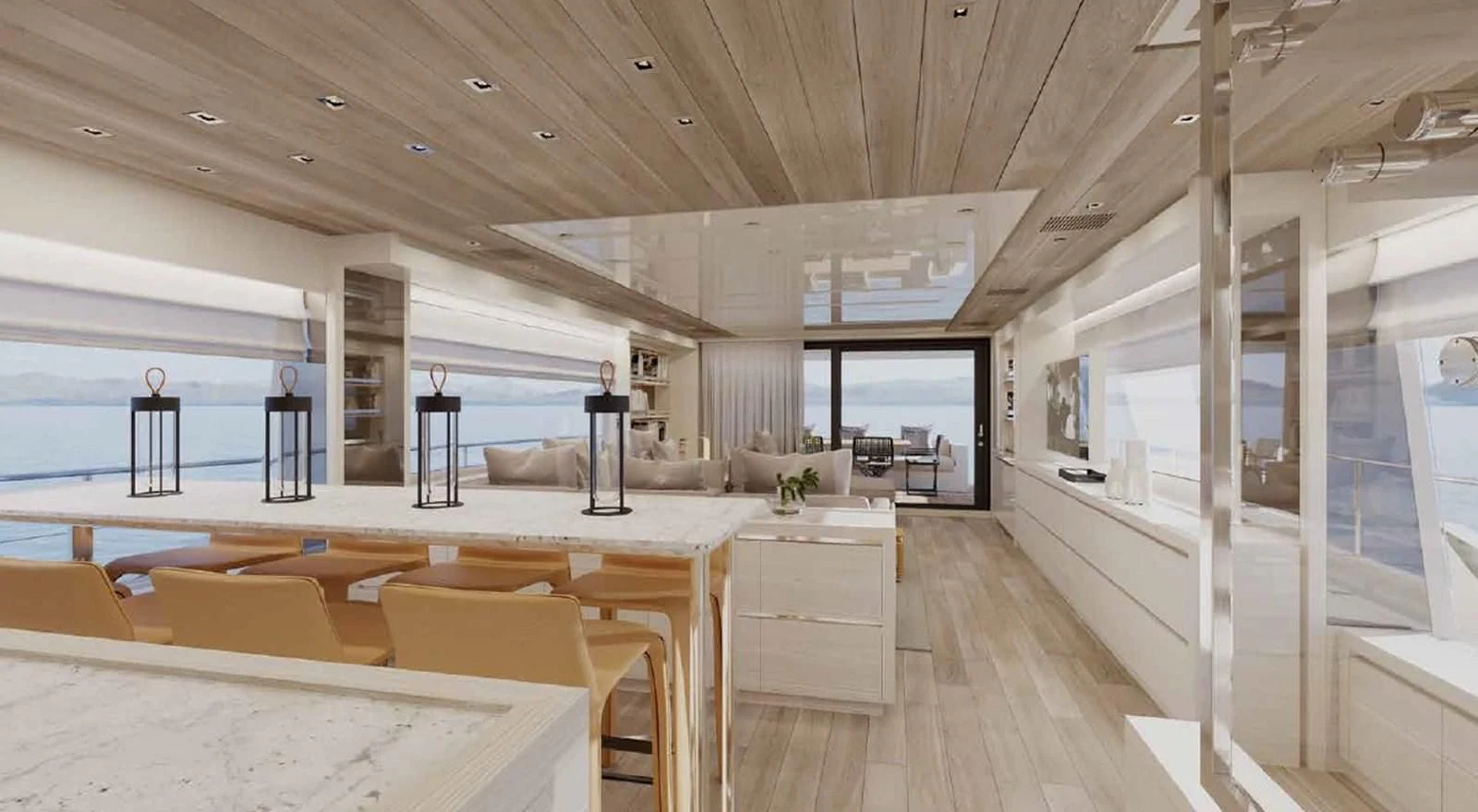 a room with a large window and a wood floor aboard ESSENZA Yacht for Sale