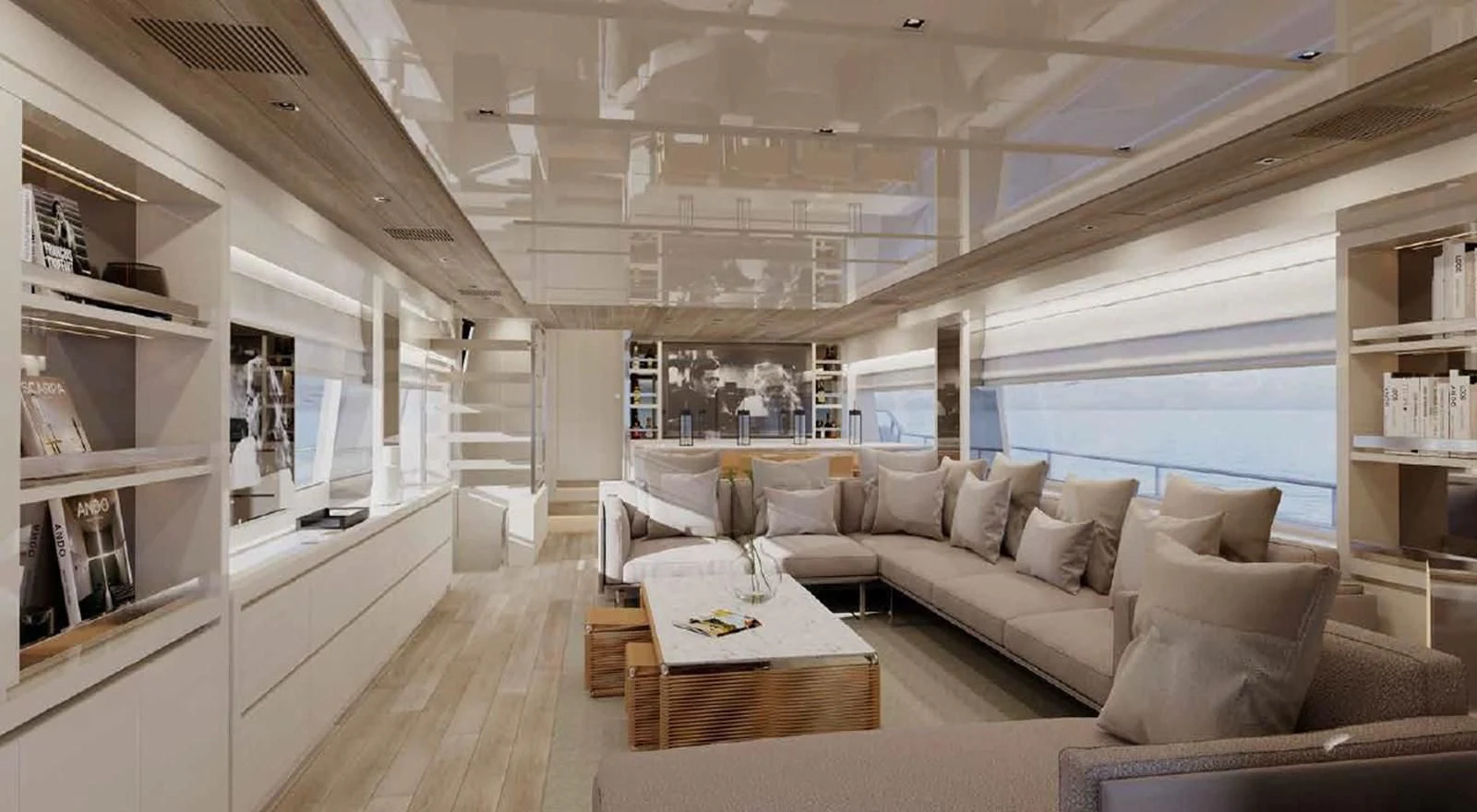 a living room with a large window aboard ESSENZA Yacht for Sale