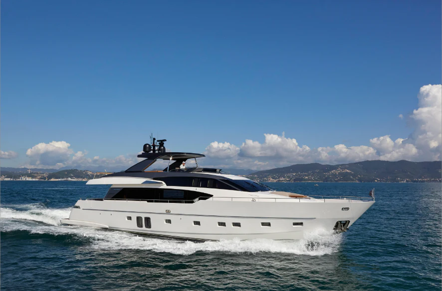 a white yacht in the water aboard ESSENZA Yacht for Sale