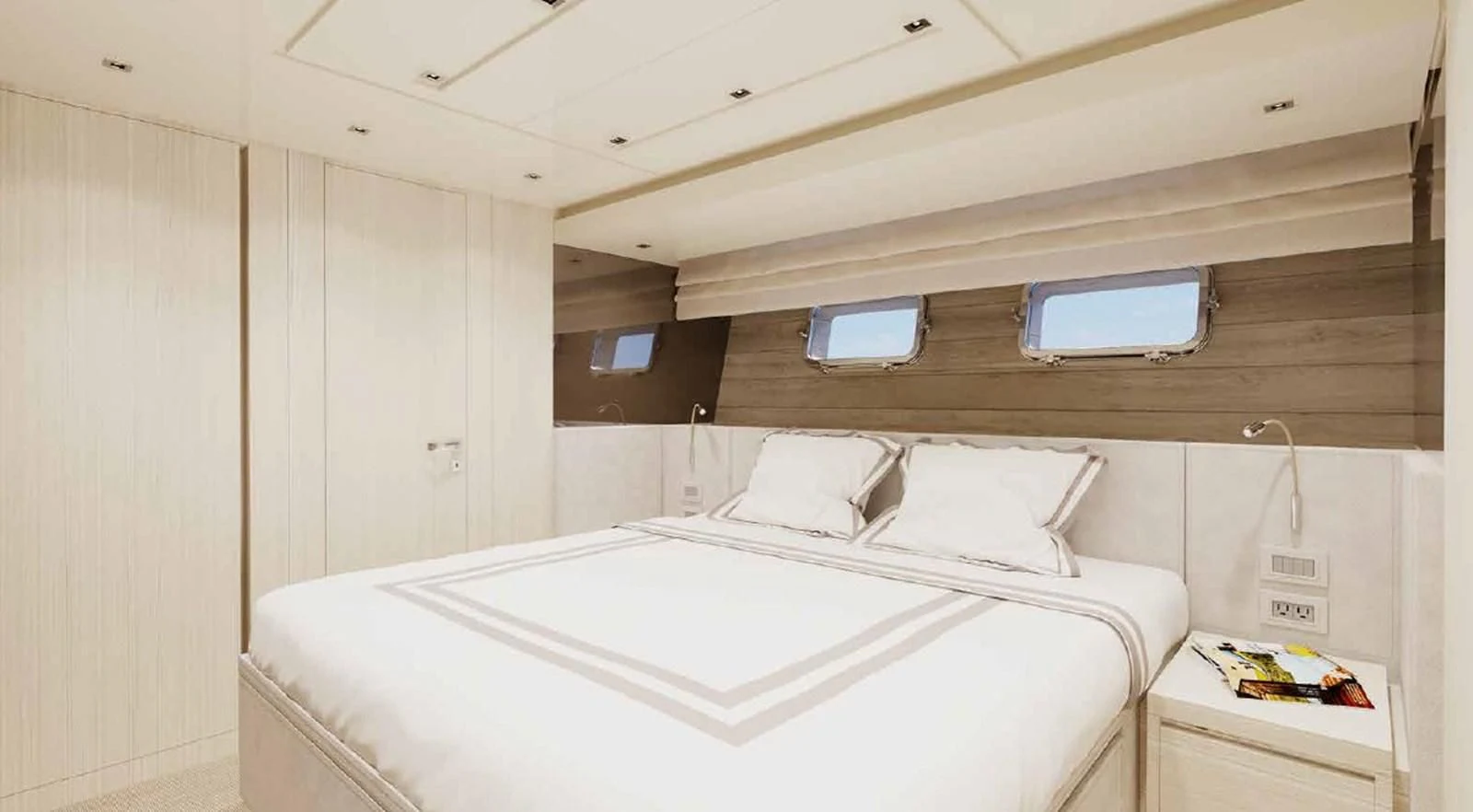 a room with a bed and a window aboard ESSENZA Yacht for Sale