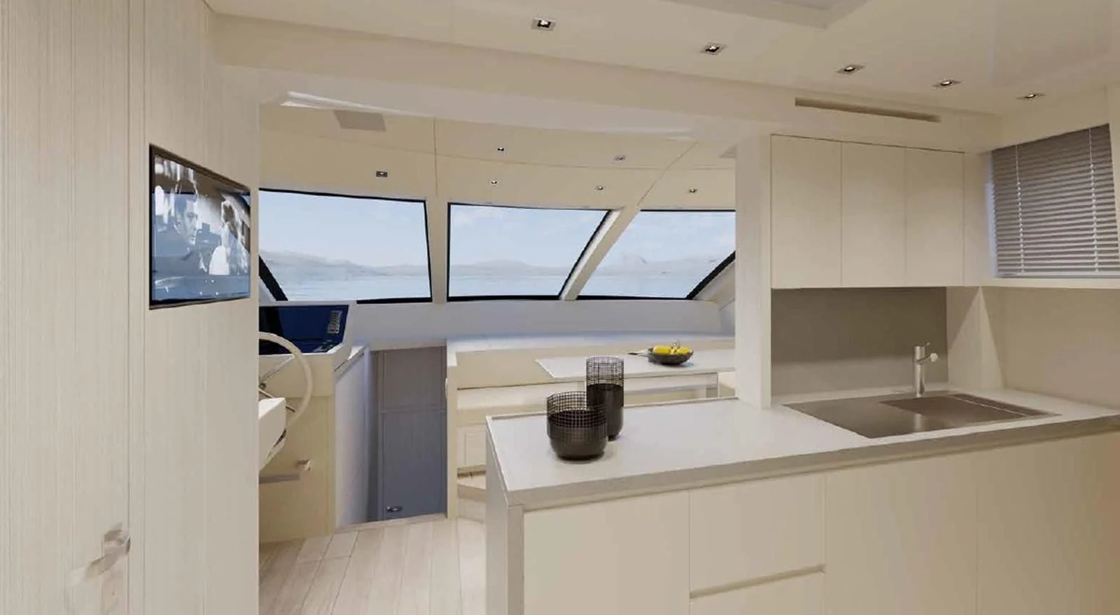 a kitchen with white cabinets aboard ESSENZA Yacht for Sale