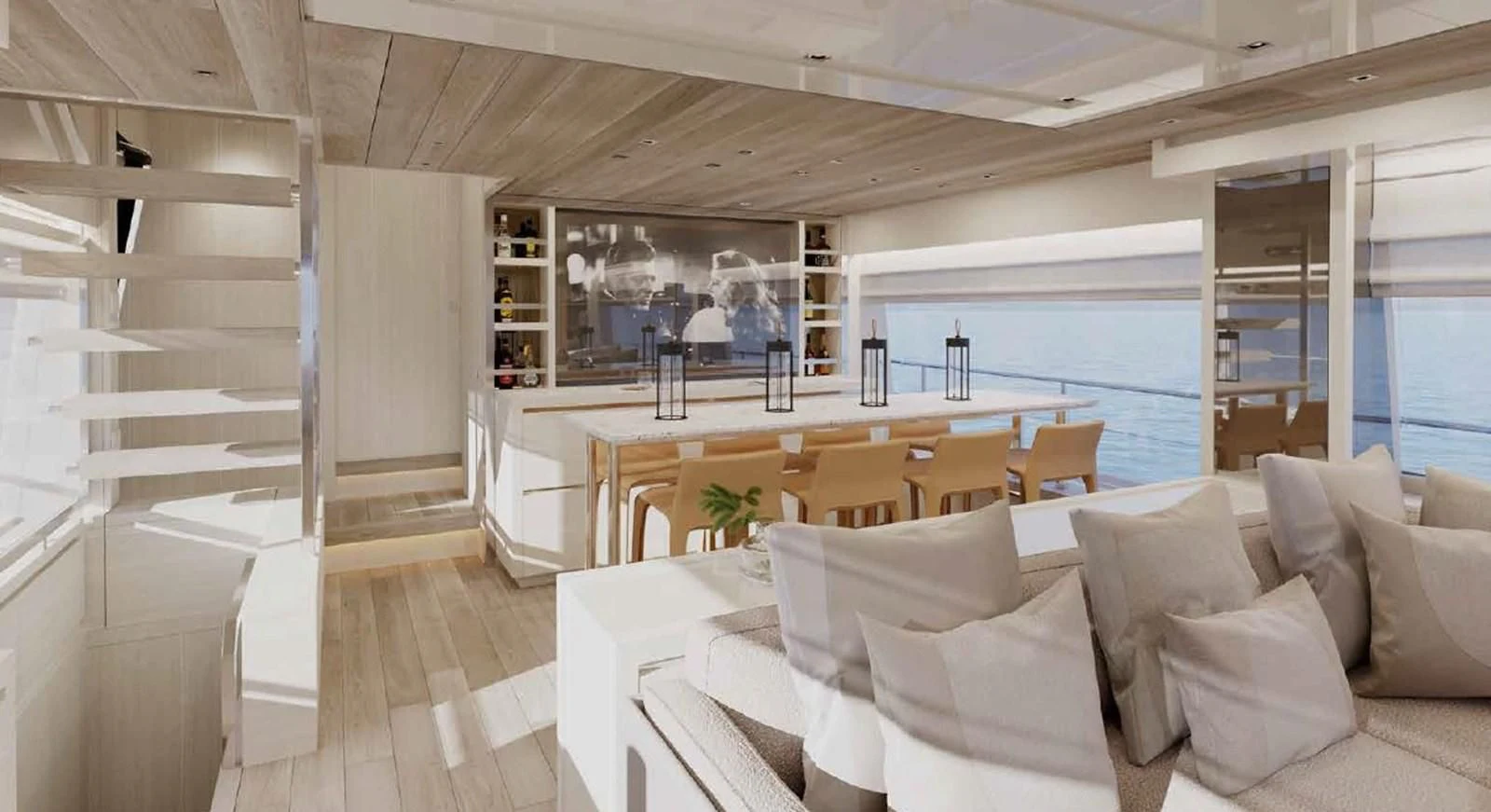 a room with a large table and chairs aboard ESSENZA Yacht for Sale