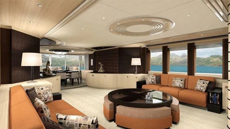 a living room with a large window aboard TAURICA Yacht for Sale