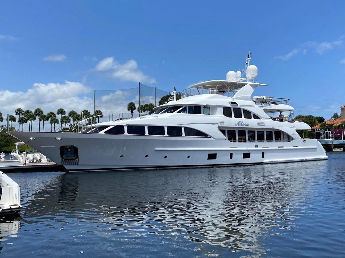 a white yacht in the water aboard ALLORA Yacht for Sale