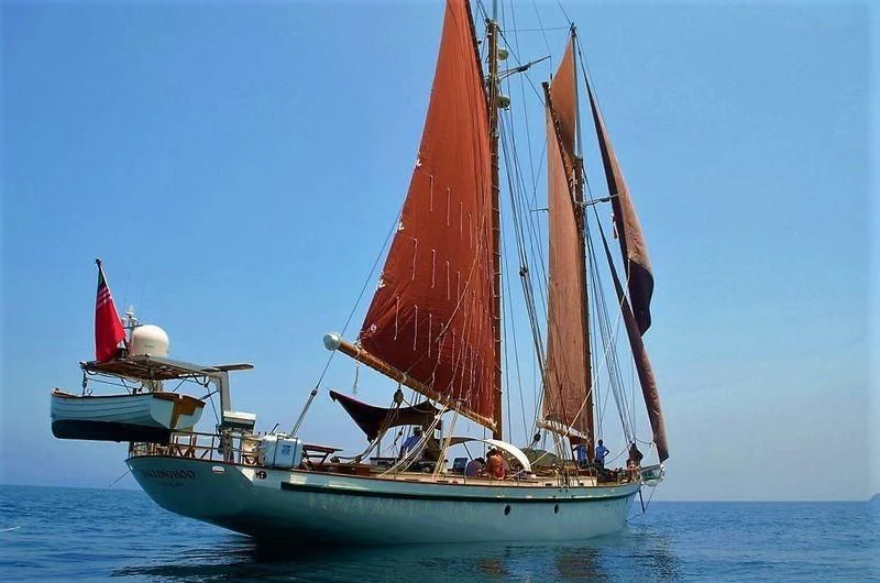a sailboat with a red sail aboard DALLINGHOO Yacht for Sale