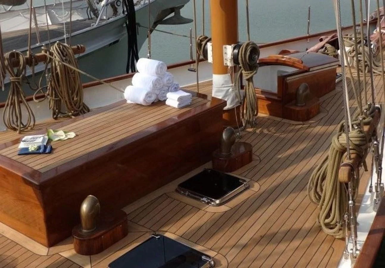 a wooden model of a boat aboard DALLINGHOO Yacht for Sale