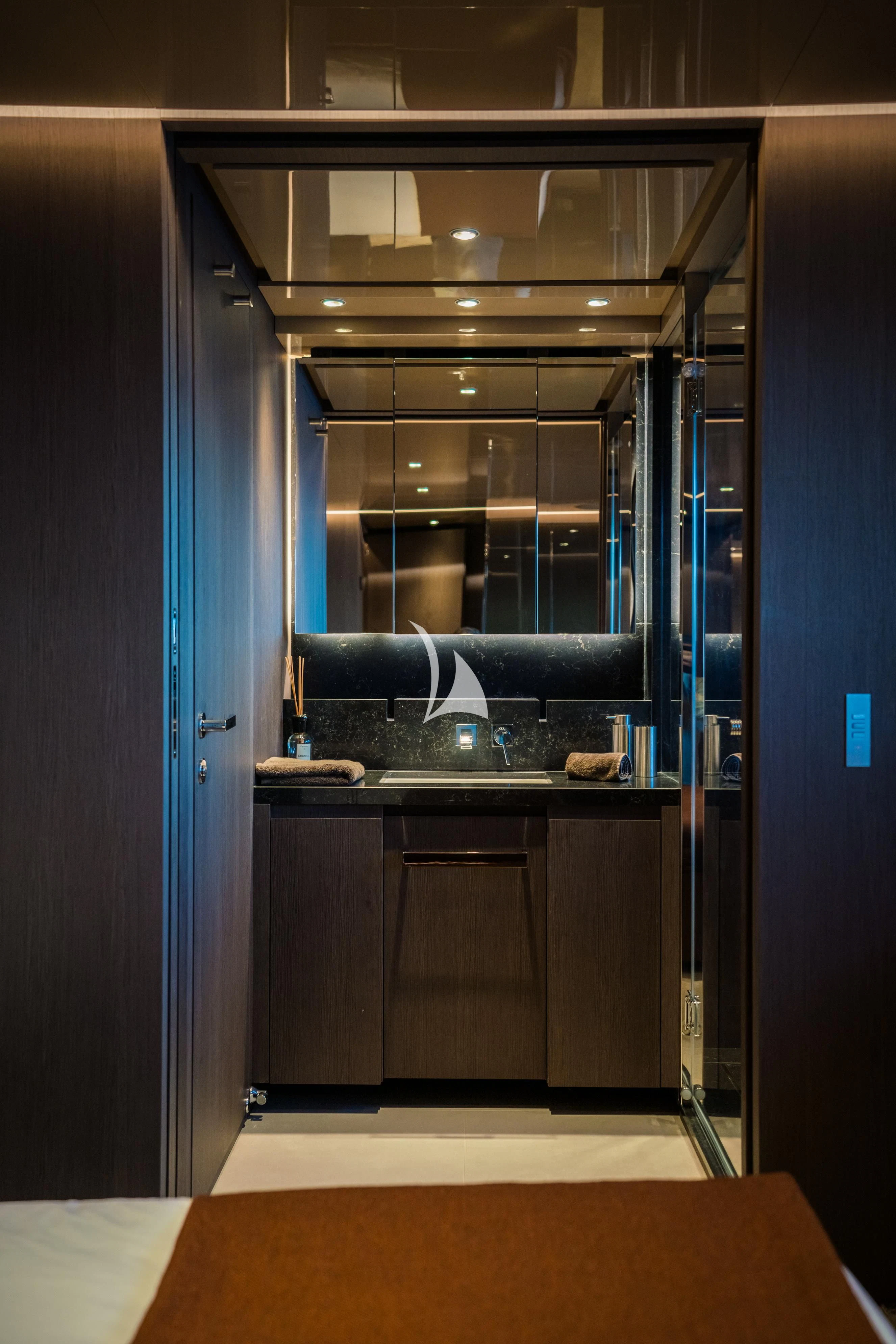a kitchen with a glass window aboard ALVIUM Yacht for Sale
