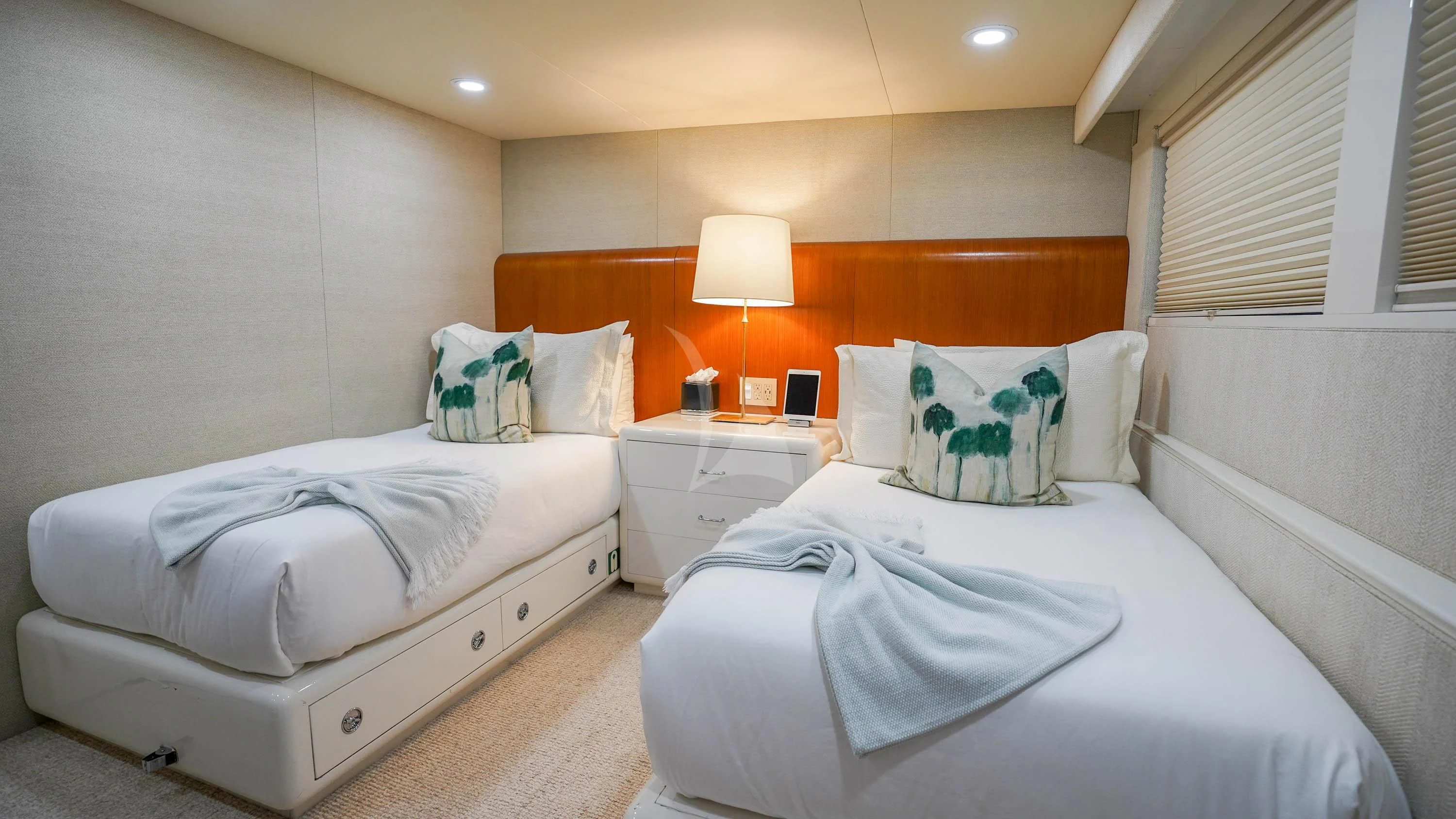 a couple of beds in a hotel room aboard BIG EAGLE Yacht for Sale