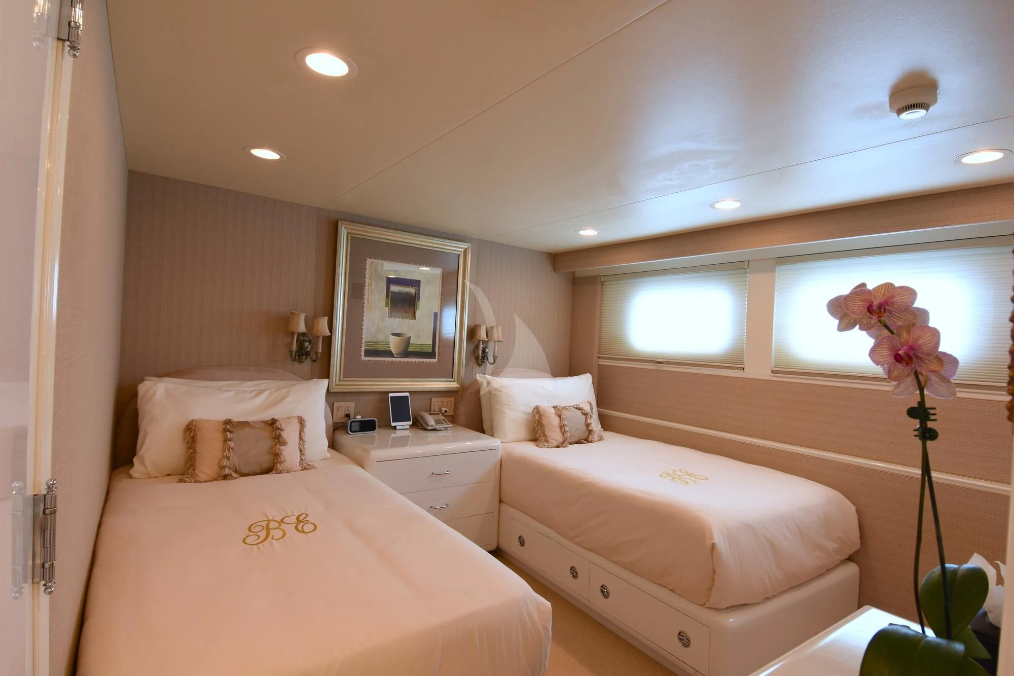 a room with two beds aboard BIG EAGLE Yacht for Sale