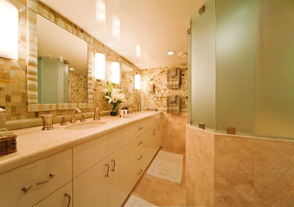a bathroom with a large mirror aboard BIG EAGLE Yacht for Sale