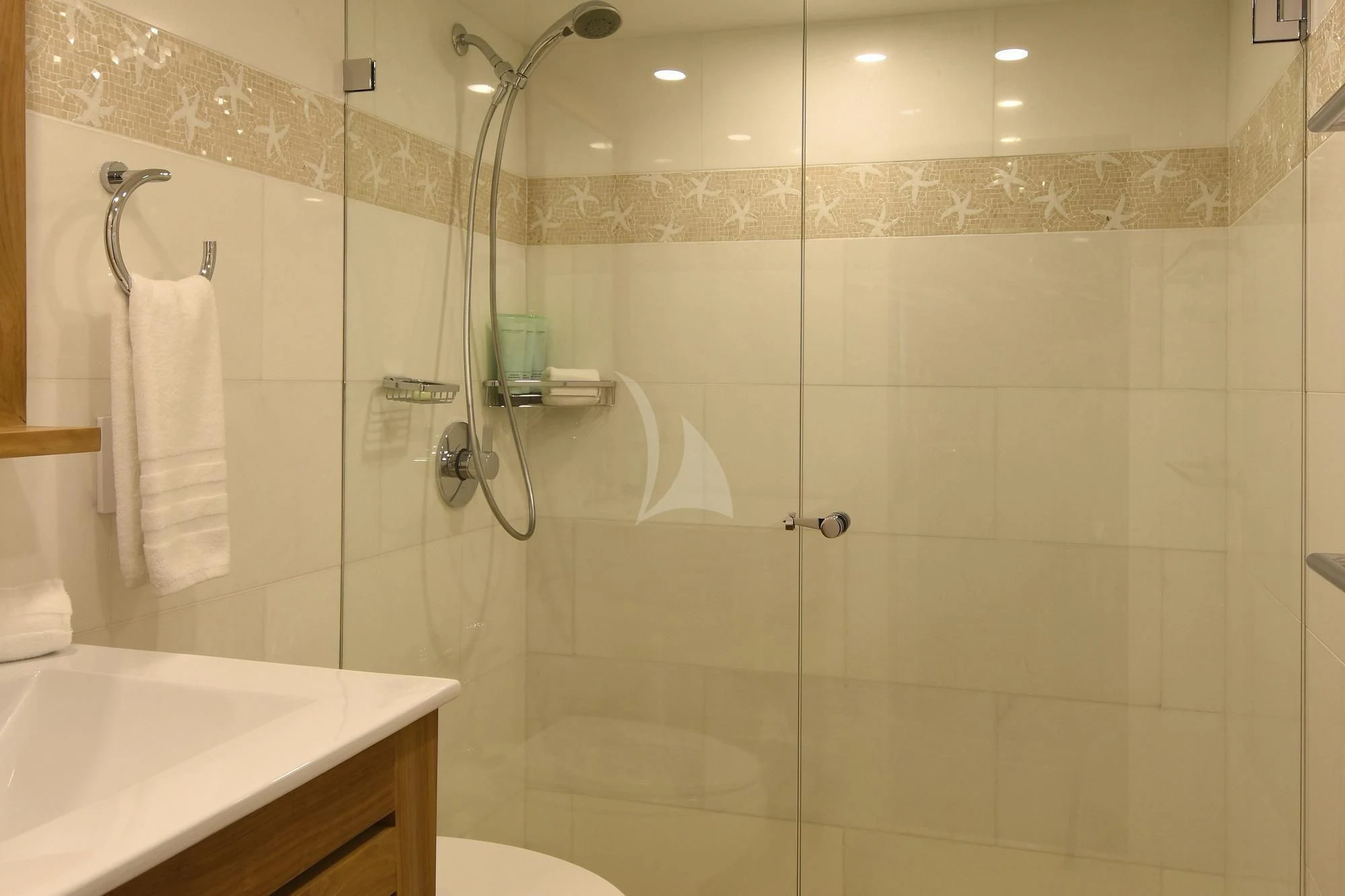a shower with a glass door aboard BIG EAGLE Yacht for Sale