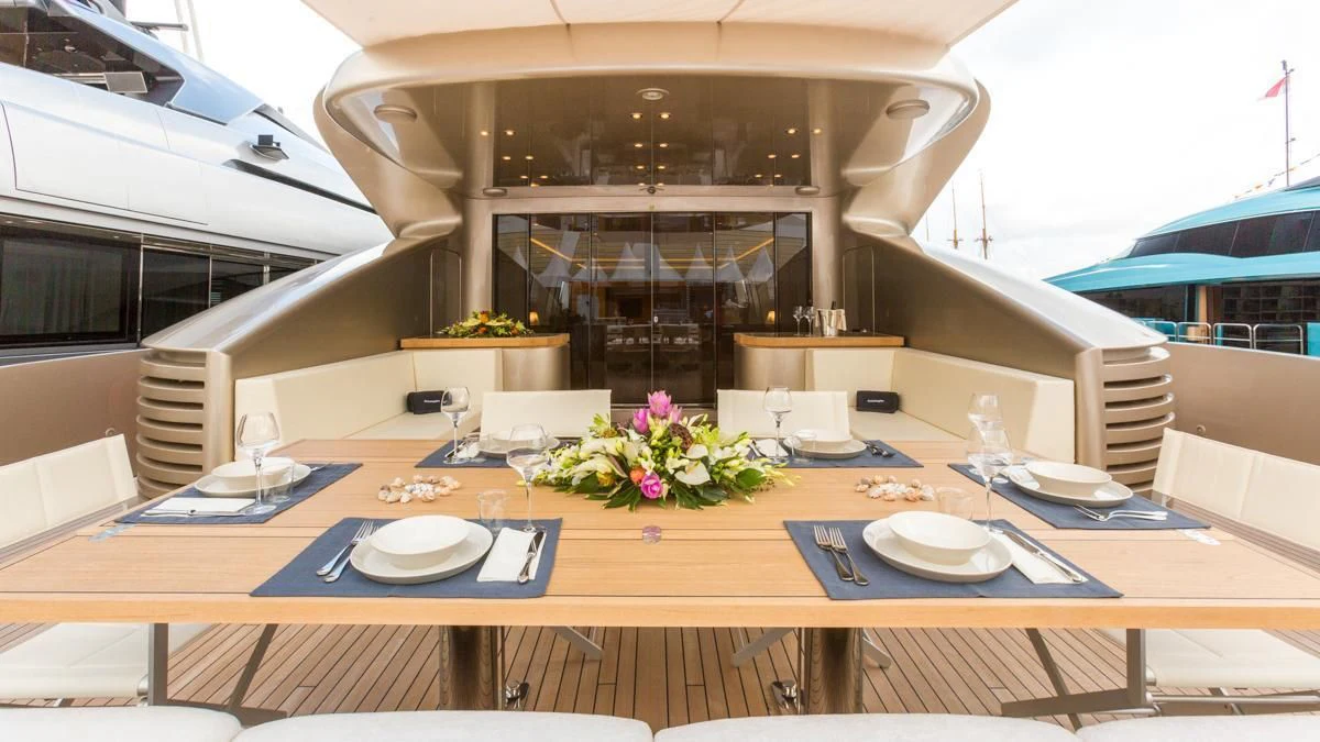 a table with plates and plates on it aboard BLUE DEVIL Yacht for Sale